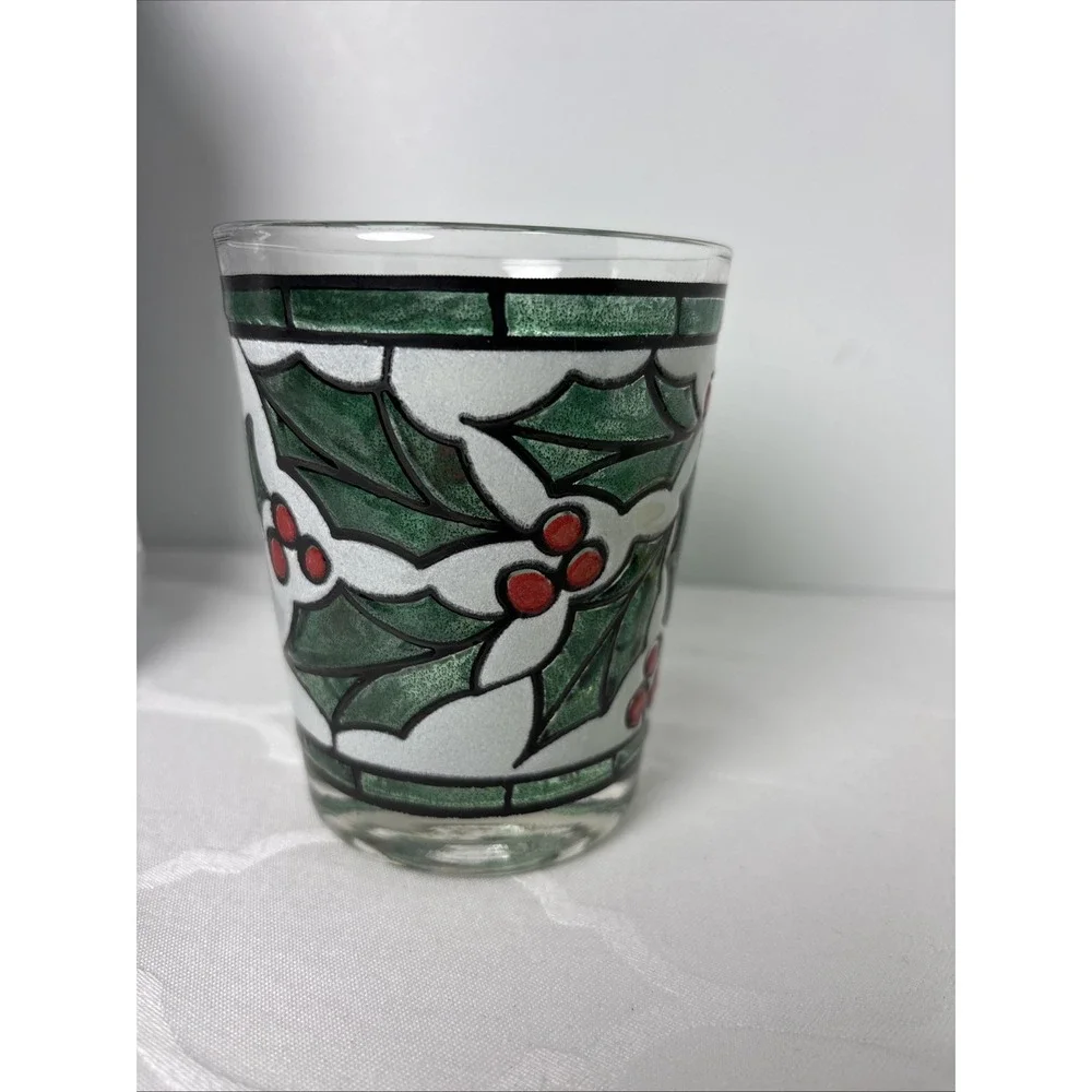 4 West Virginia Snowy Holly Berry Stained Glass On Rocks Christmas Glasses Set